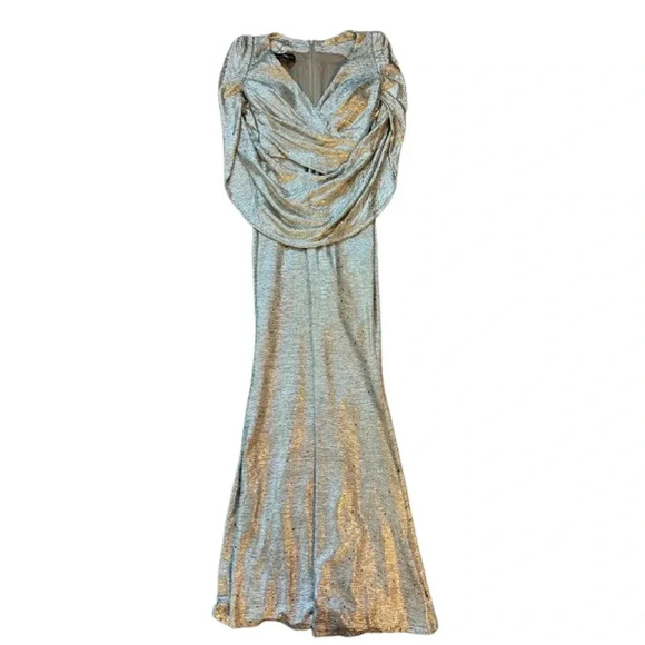 $1925 Talbot Runhof Rosin Gown Metallic Gray Wrap Front Back Zipper Dres… - Picture 6 of 13